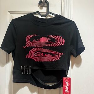 ROMWE Black and Red Graphic Kids T-Shirt with Safety pins